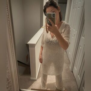 Crochet set woven worn once .BooHoo crochet pants and top set  cream size M